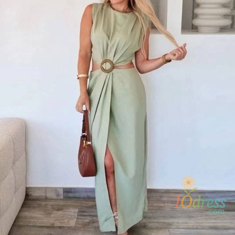 IO Dress 2025 Spring Casual O Neck Buckle Waist Hollow Dress Womens Elegant Solid Split Long Dress Summer Sleeveless Holiday Boho Dresses IO Dress