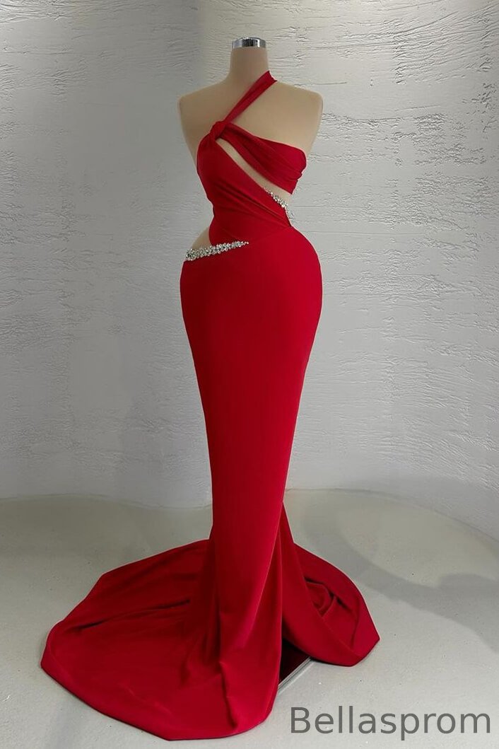 Bellasprom Red Sleeveless One Shoulder Mermaid Prom Dress With Beads On Sale Bellasprom