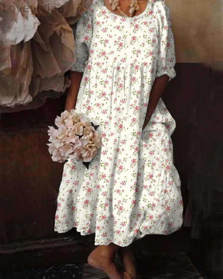 Palace Style Floral Casual Short-sleeved Midi Dress