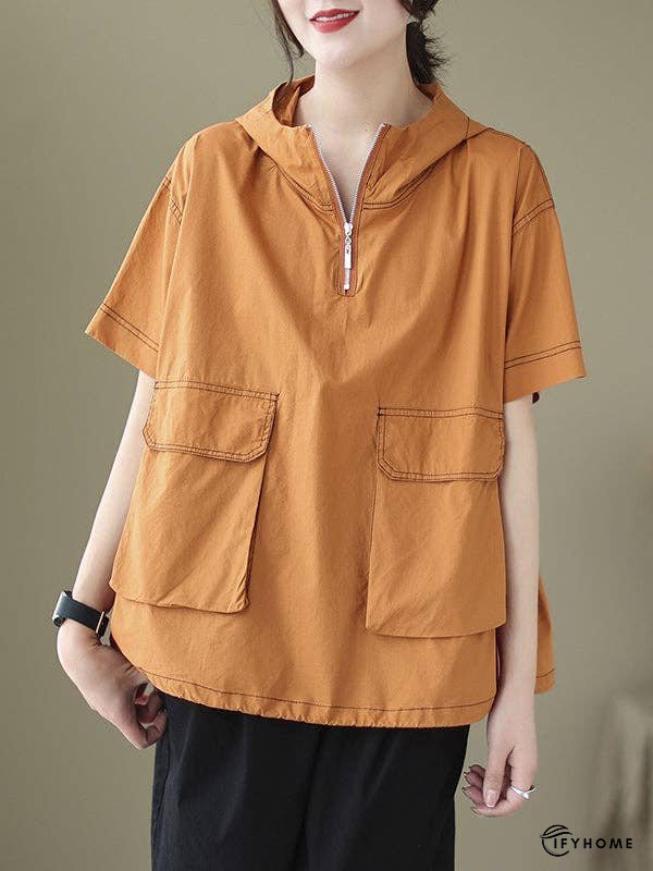 Loose Short Sleeves Zipper Hooded T-Shirts Tops | IFYHOME