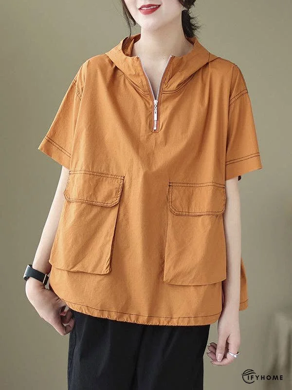 Loose Short Sleeves Zipper Hooded T-Shirts Tops | IFYHOME