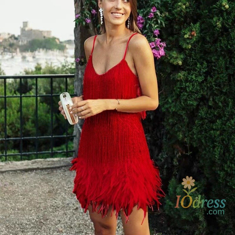 IO Dress Sequin Fringe Mini Dress With Feather Trim Sparkling Party Dress V Neck Sleeveless For Women Club Night IO Dress