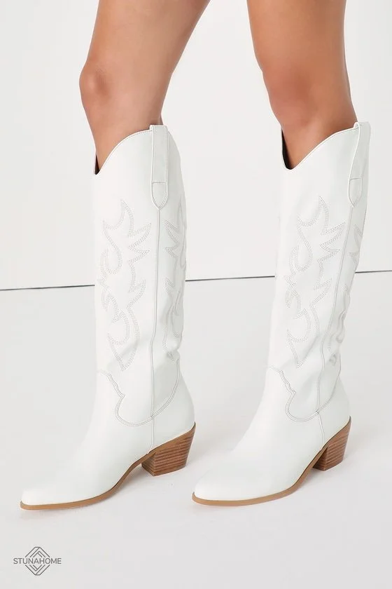 Stunahome White Pointed-Toe Knee High Boots  Stunahome.com