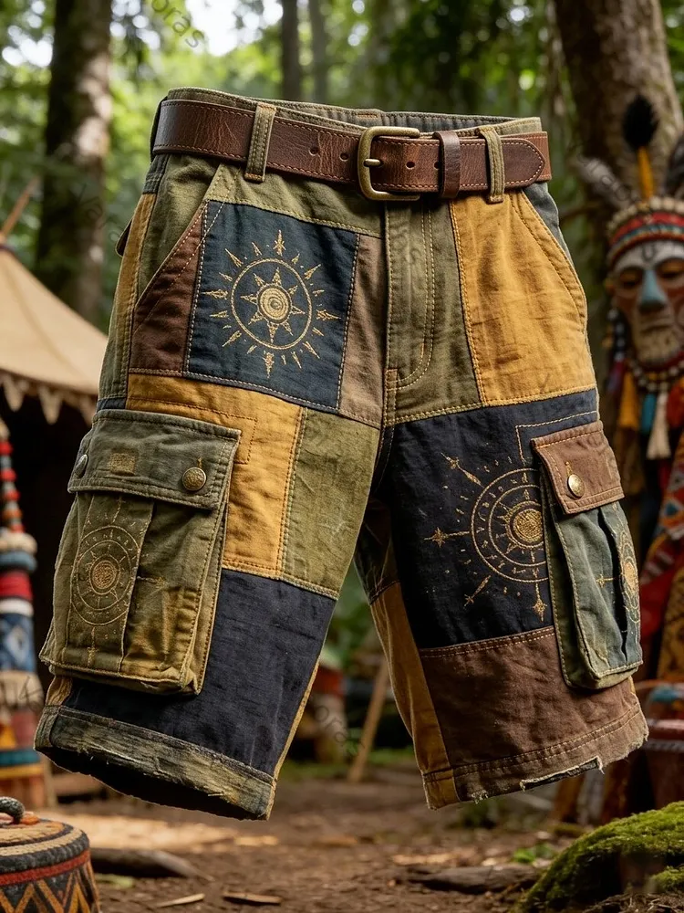 Men's Viking Compass Sun Hippie Art Printed Casual Cargo Shorts 68f3