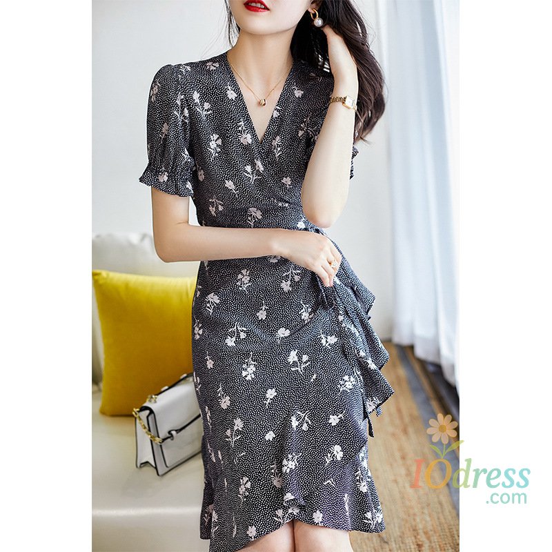 IO Dress Mulberry Silk Wrap Dress V-neck Puff Sleeves Ruffles Slim Waist Silk Fishtail Tea Break Dress Summer Women Little black  Dress