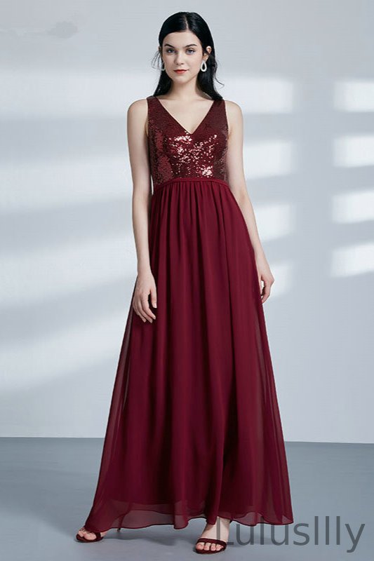 Burgundy Sequins Split Long Evening Prom Dress - lulusllly