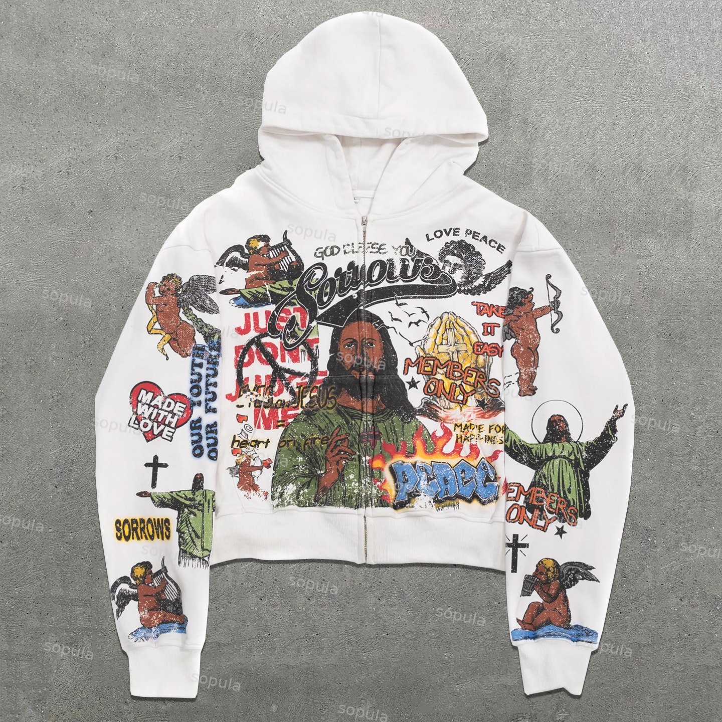 Jesus Multi-Element Print Graphic Loose Velvet Pocket Zip Hoodie - Sopula｜Premium Graphic Tees & Graphic Clothing
