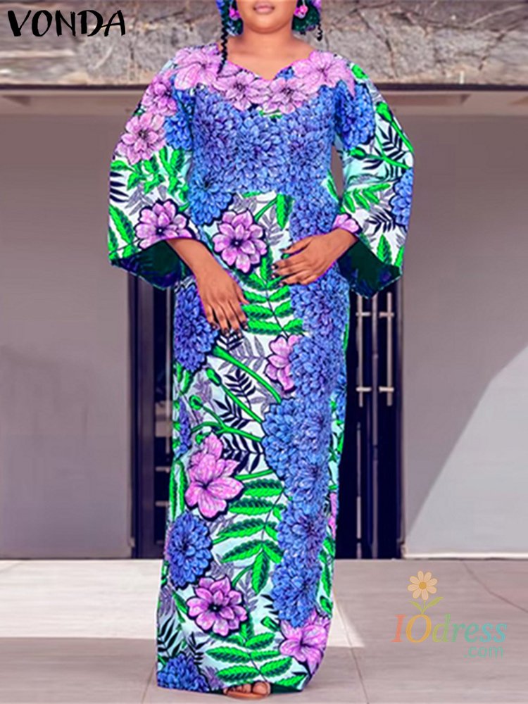 IO Dress VONDA Bohemian Maxi Dress 2025 Elegant Floral Print Sundress Women Long Sleeve Casual Vestidos Holiday Casual Robe Oversized IO Dress