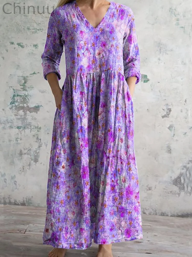 Women's Vintage Floral Art Pattern Printed Casual Cotton Dress