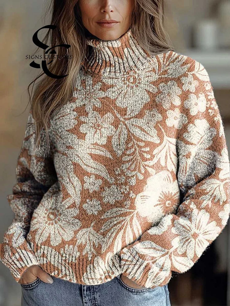 Women's Vintage Art Flower Print Knit Turtleneck Pullover Sweater