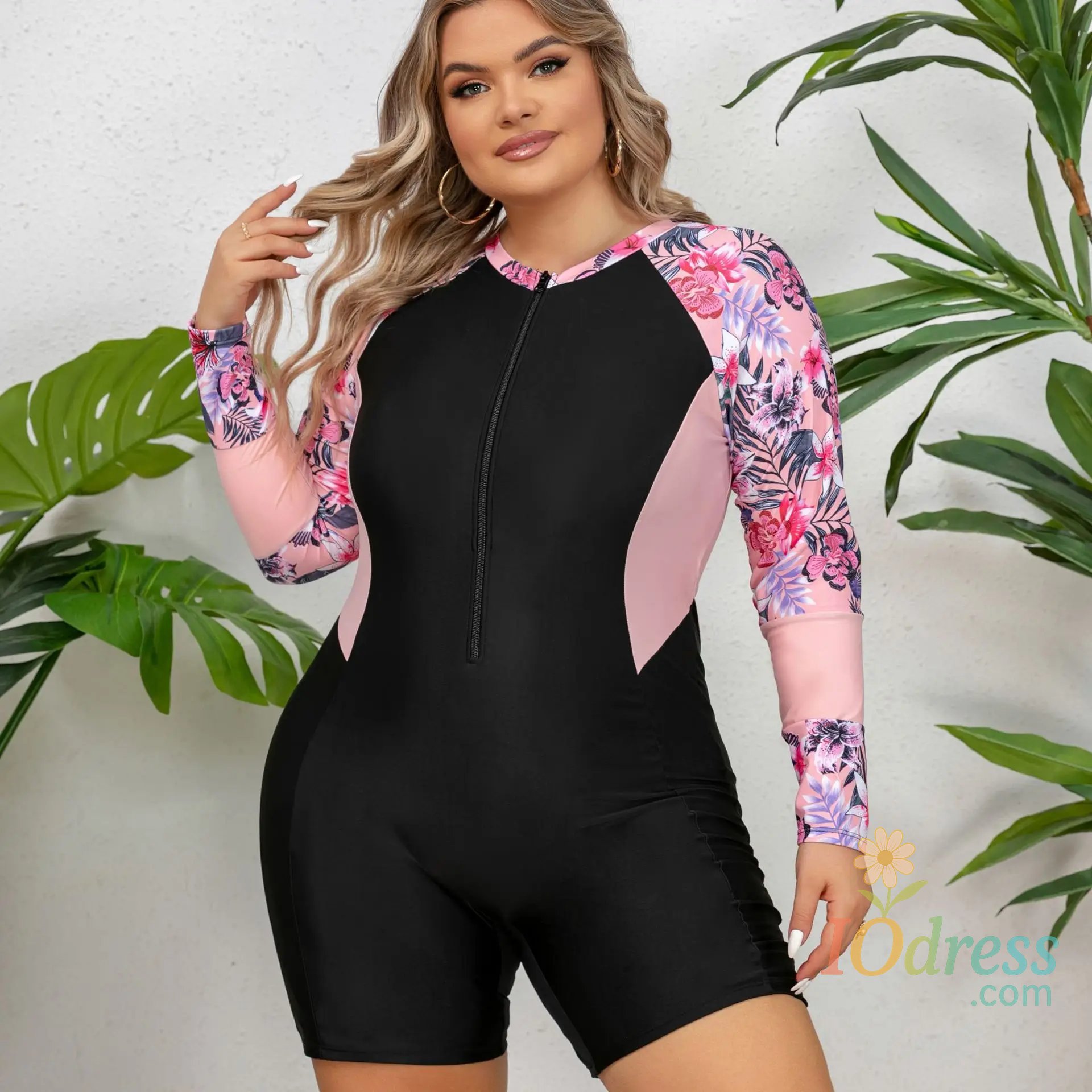 IO Dress Patchwork Plus Size Swimwear Women Long SLeeve Large One Piece Swimsuit Lady Brazilian Swimwear Curvy Chubby Bathing Suit