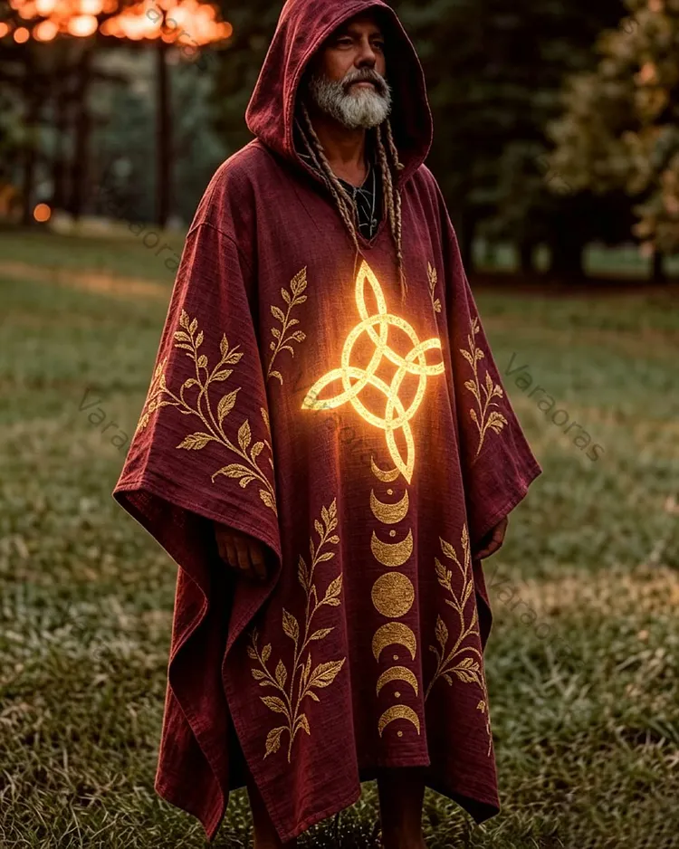 Men's Summer Fashion Hippie Star and Moon Embroidered Linen Hooded Kaftan 5715