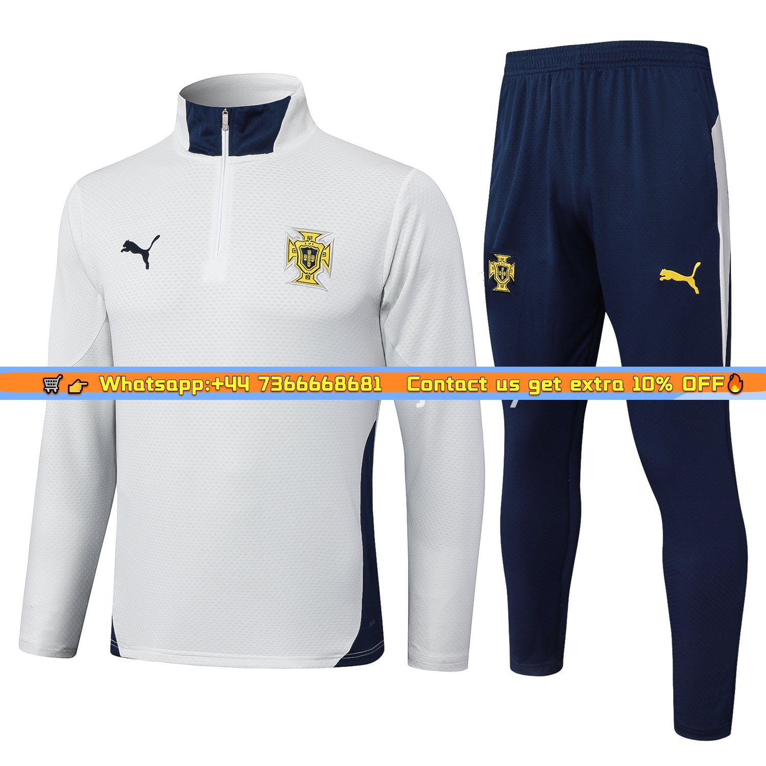 Portugal 25-26 Long Sleeve Training Set - Off White Top and Deep Blue Pants