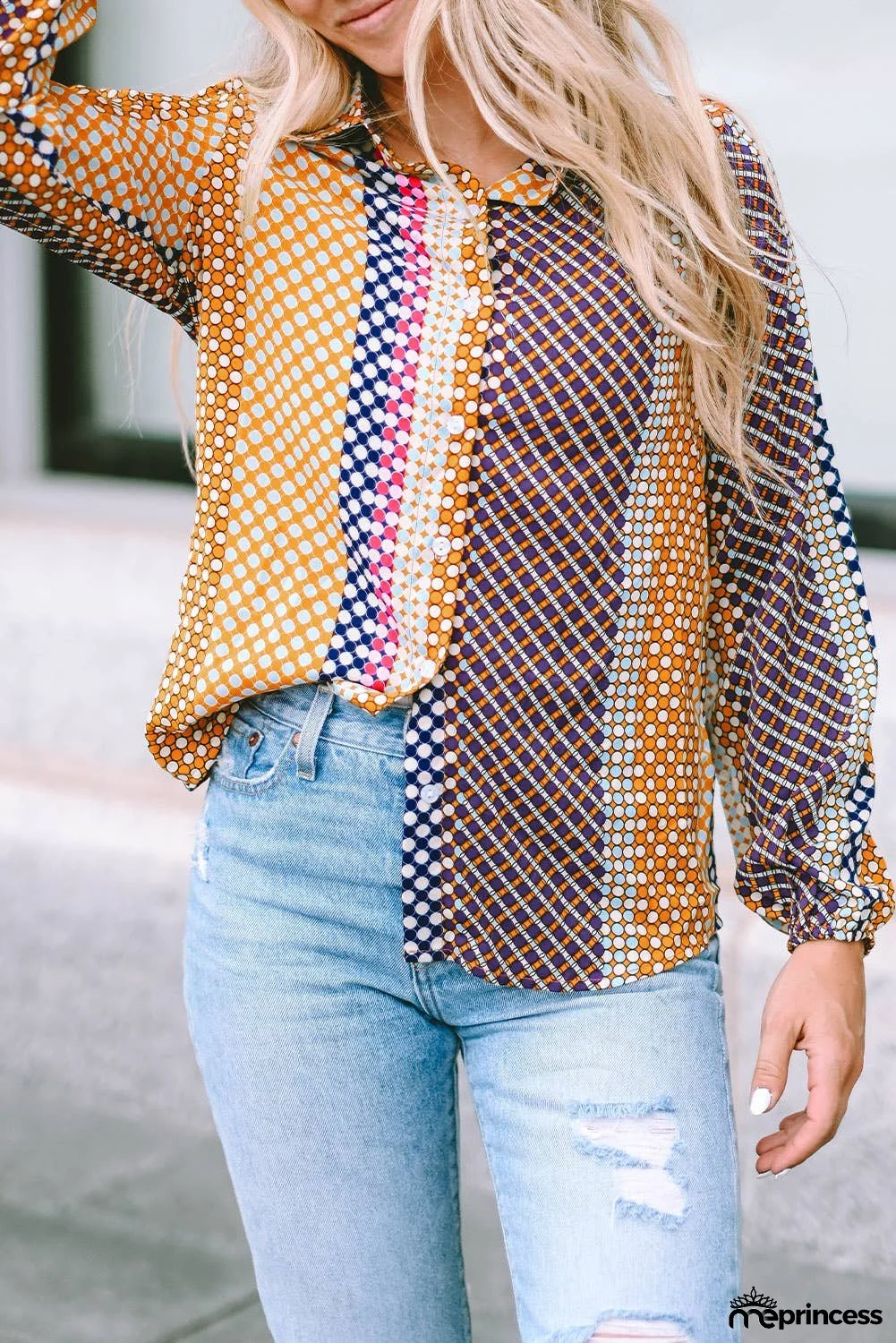 Dot Print Long Sleeve Button Down Shift Shirt