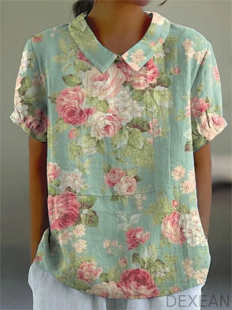 Women's Retro Floral Art Print Casual Cotton And Linen Shirt
