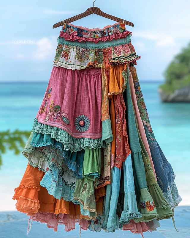 Summer colorful vacation patchwork contrast skirt ae94