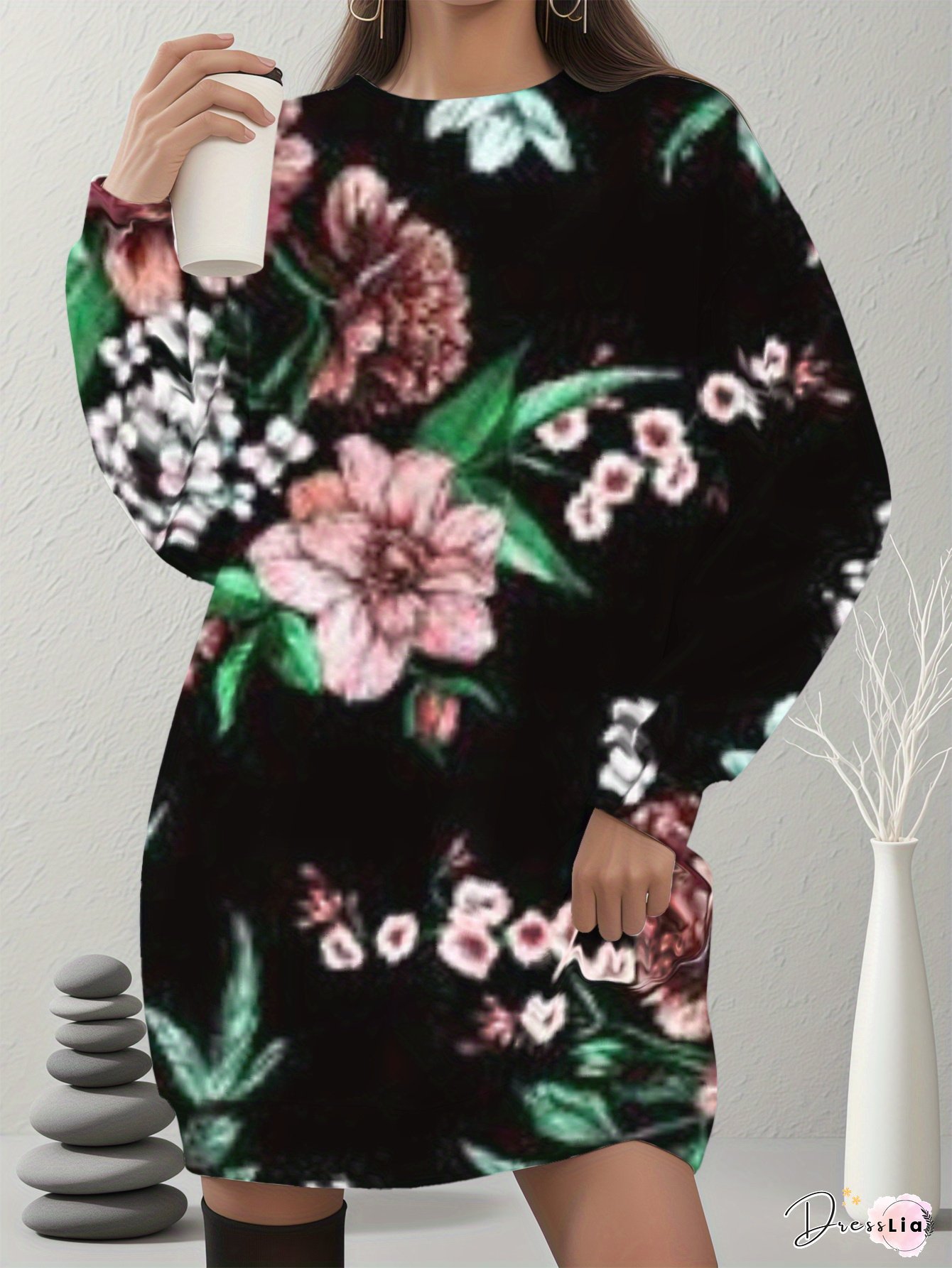 Womens Oversized Floral Print Sweatshirt Dress Black Pink Green Pattern Loose-Fit A-Line