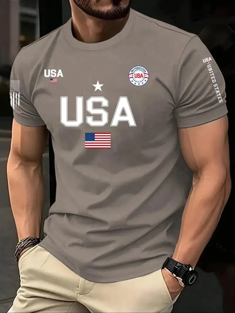 Men's USA Flag Print Round Neck Tee, Regular Fit Casual Short Sleeve Crew Neck T-Shirt for Summer, Fashion Men's Top for Daily Wear