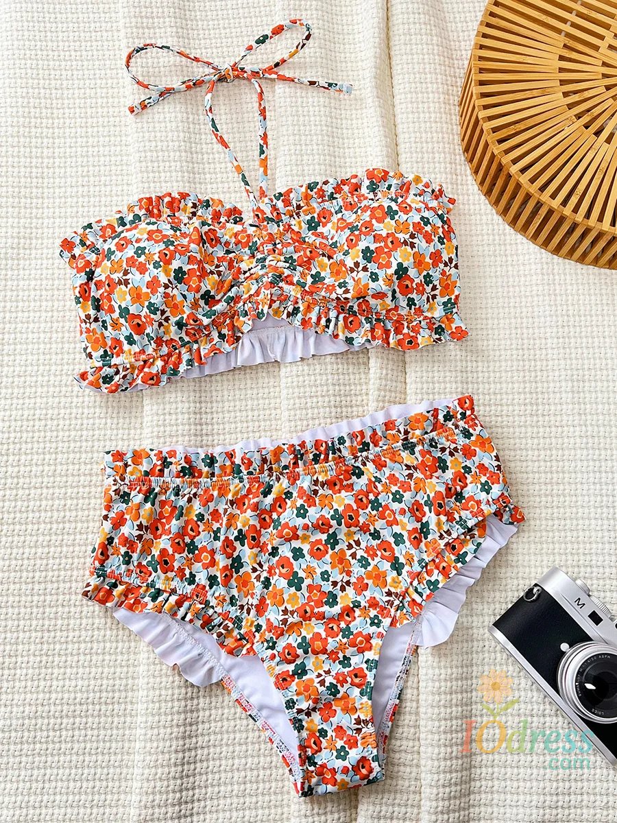 IO Dress Flowers Printed Ruffled Bandeau Female Swimsuit High Waist Bikini Women Swimwear Two-pieces Bikini set Bather Bathing Suit Swim