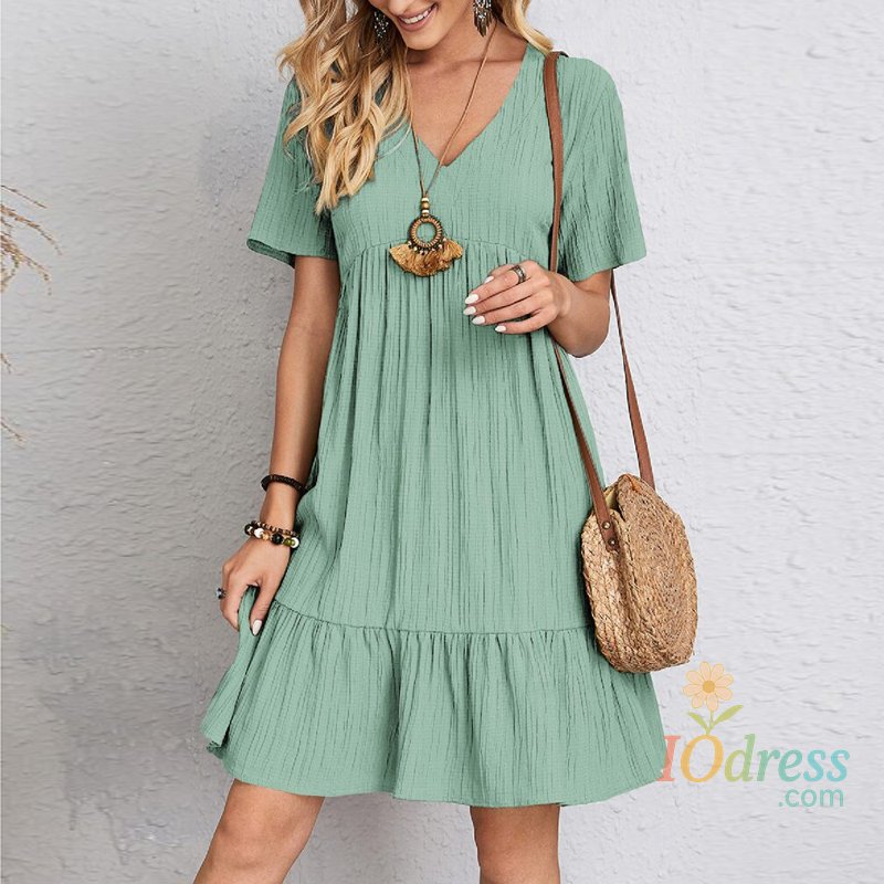 IO Dress Vintage Solid Elegant Women Dress 2023 Summer Fashion Casual V-Neck High Waist A-Line Mini Dresses Lady Short Sleeve Party Dress IO Dress