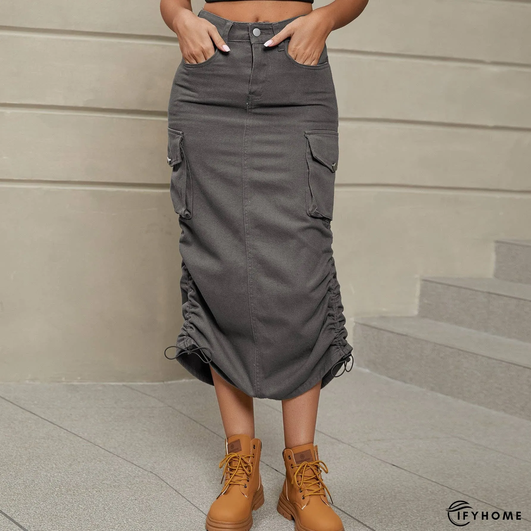 Drawstring Ruched Slit Denim Midi Skirt | IFYHOME