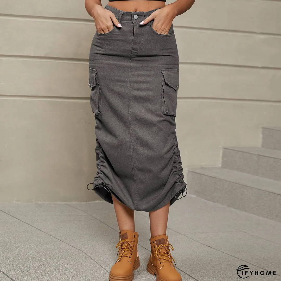 Drawstring Ruched Slit Denim Midi Skirt | IFYHOME