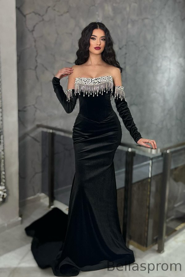 Bellasprom Black Velvet Mermaid Evening Gown Strapless Crystal With Sleeves Bellasprom
