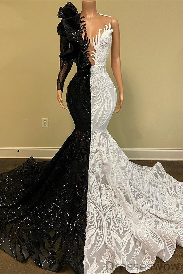 Dresseswow Black and White Sequins Lace Prom Dress Mermaid Long Sleeves