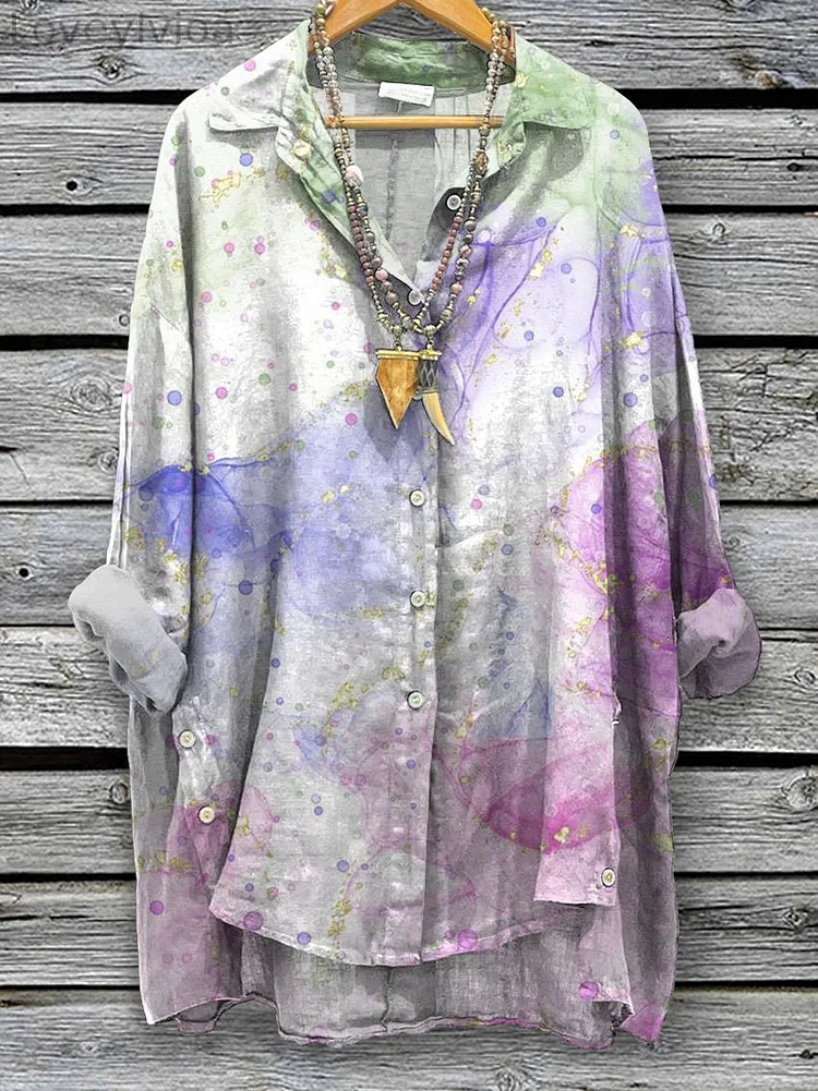 Women's Watercolor Painting Glitter Spring Print Casual Cotton And Linen Shirt