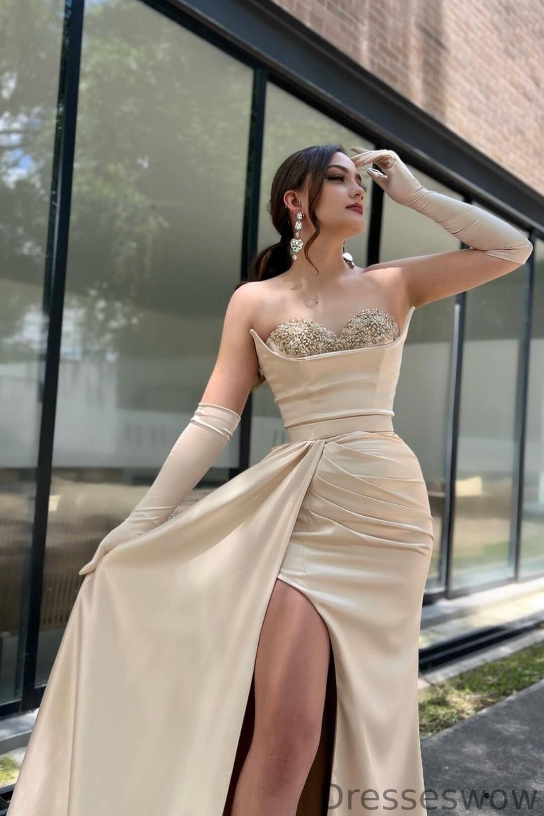 Dresseswow Champagne Sweetheart Mermaid Party Prom Dresses With Split Ruffles Beads