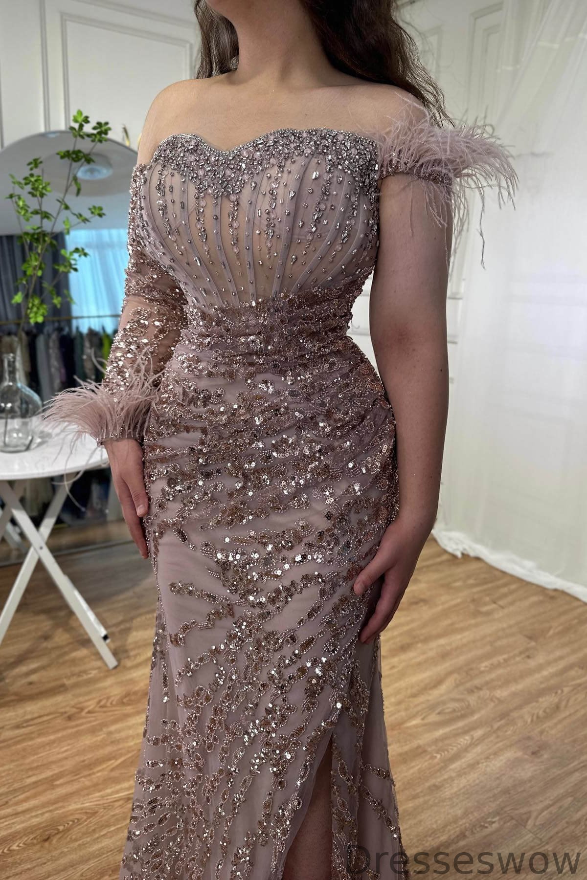 Dresseswow One Shoulder Long Sleeve Mermaid Evening Party Dresses Split With Sequins Beadings