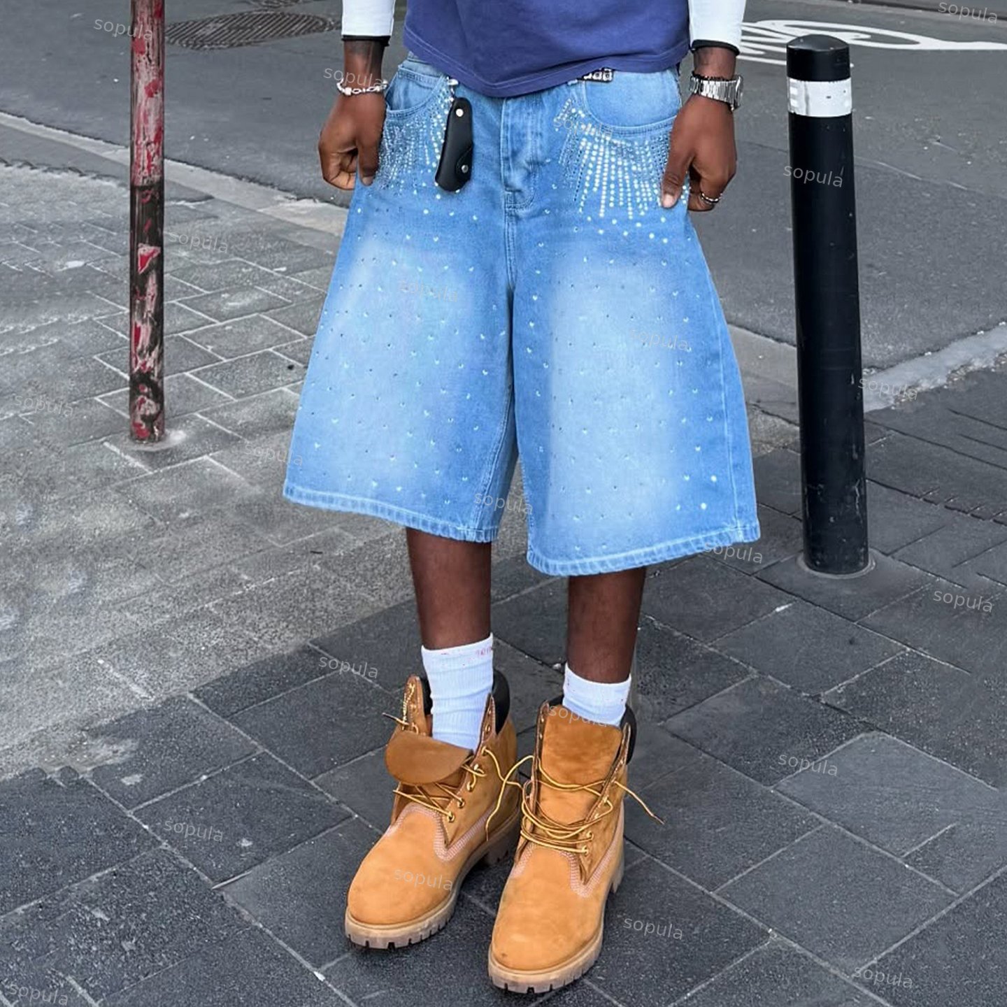 Street Washed Hot Diamond Design Baggy Jorts Denim Shorts