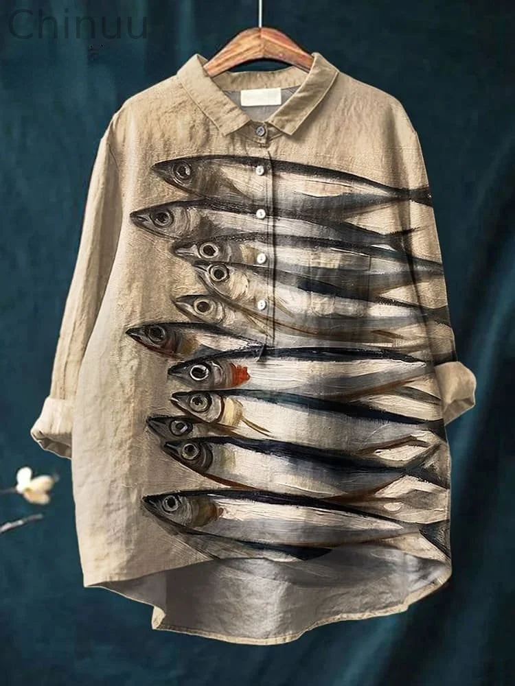 Women's Vintage Fish Art Print Casual Cotton And Linen Shirt