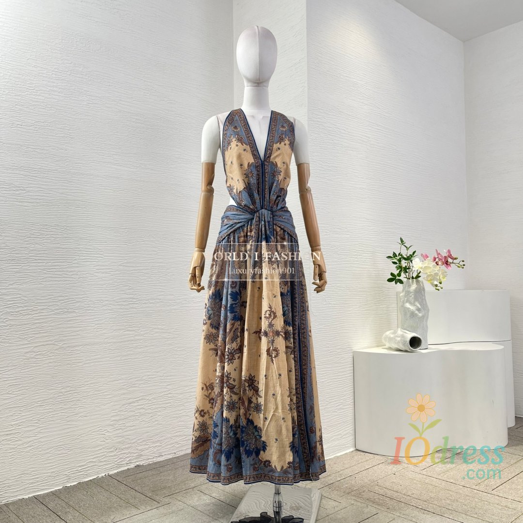 IO Dress Pure Cotton 2025 Blue Khaki Sleeveless Deep V Neck Cut Out High Slit Backless Women Midi Dress IO Dress