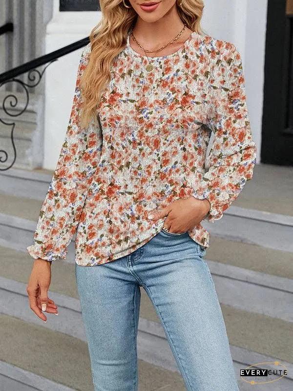 Long Sleeves Loose Elasticity Flower Print Round-Neck T-Shirts Tops