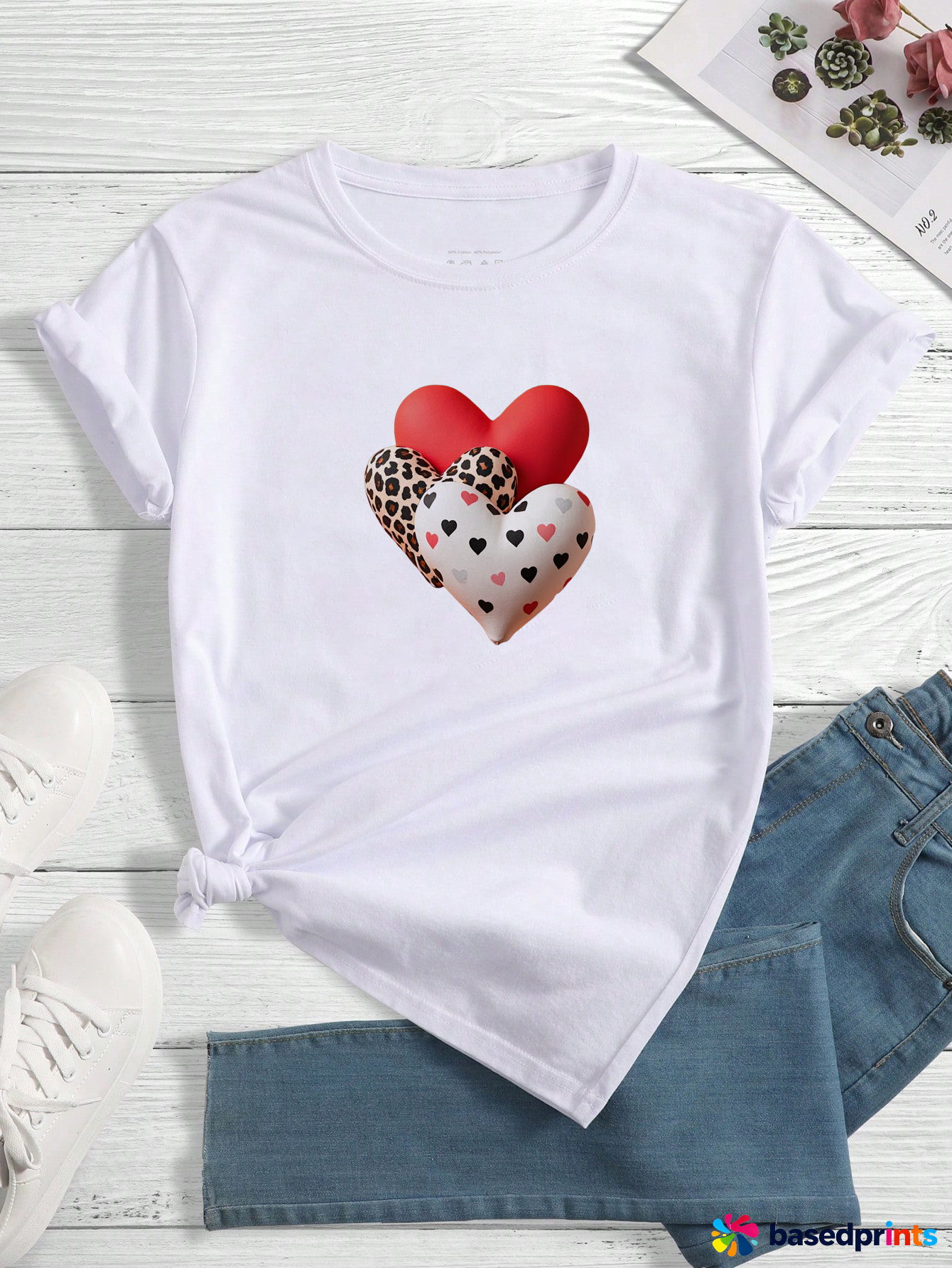 White Short Sleeve Heart Print T-Shirt Women Casual Tops