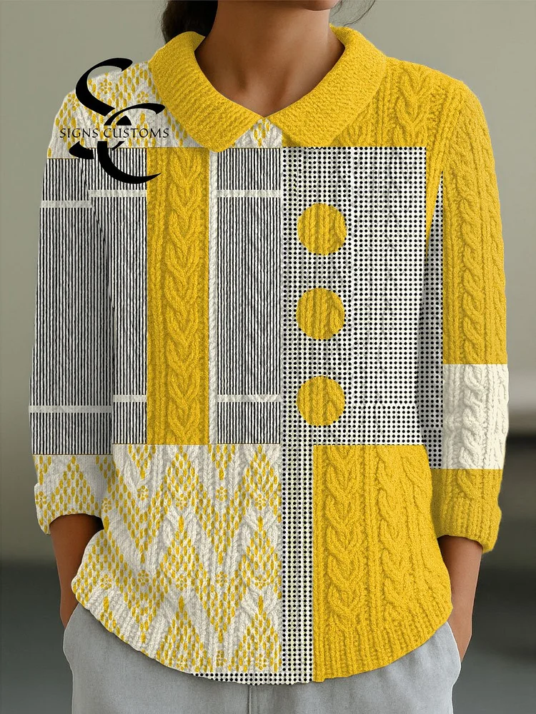 Women's Vintage Abstract Geometric Art Print Casual Peter Pan Collar 3/4 Sleeve Sweater