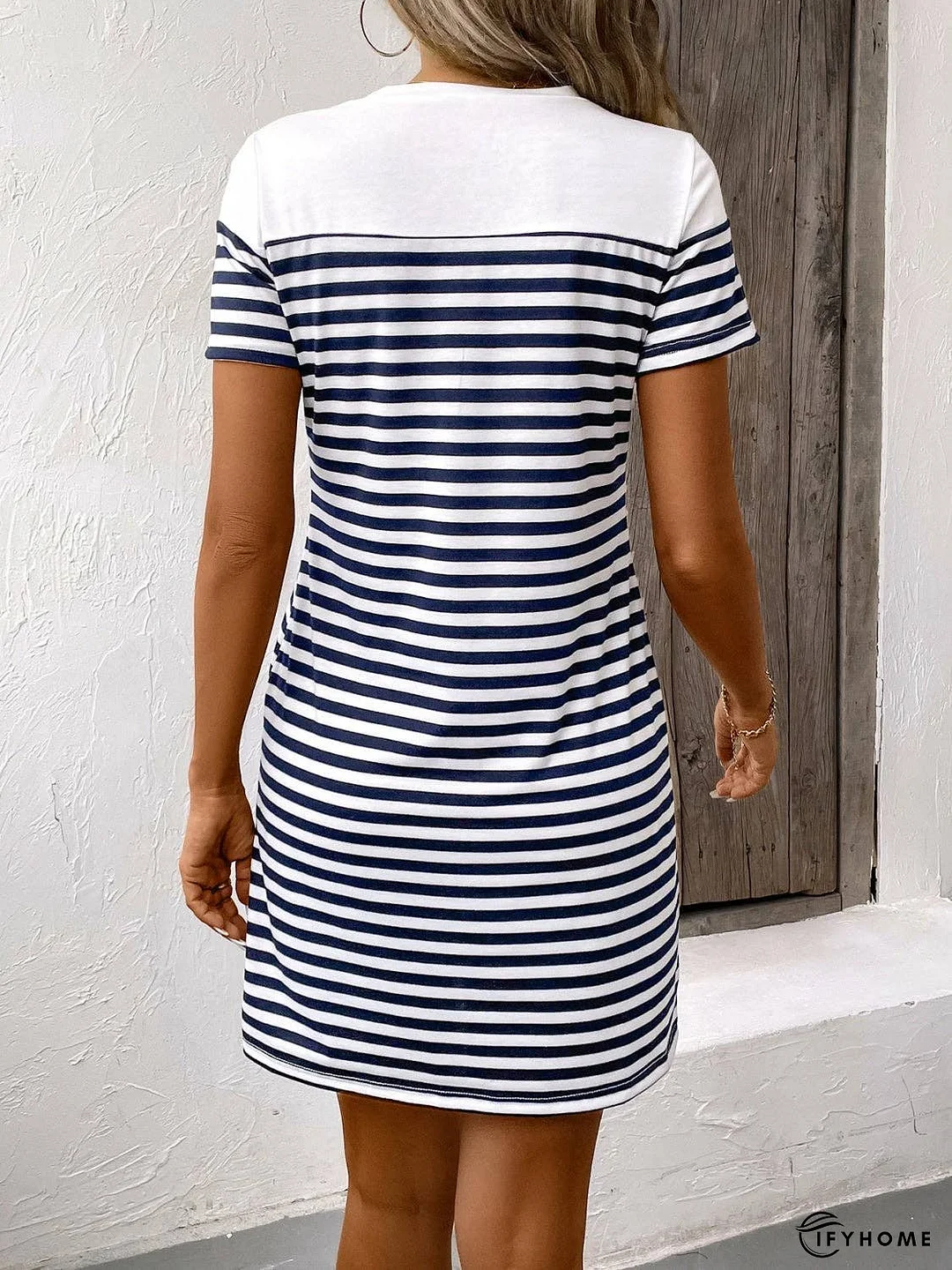 Striped Round Neck Short Sleeve Mini Dress | IFYHOME