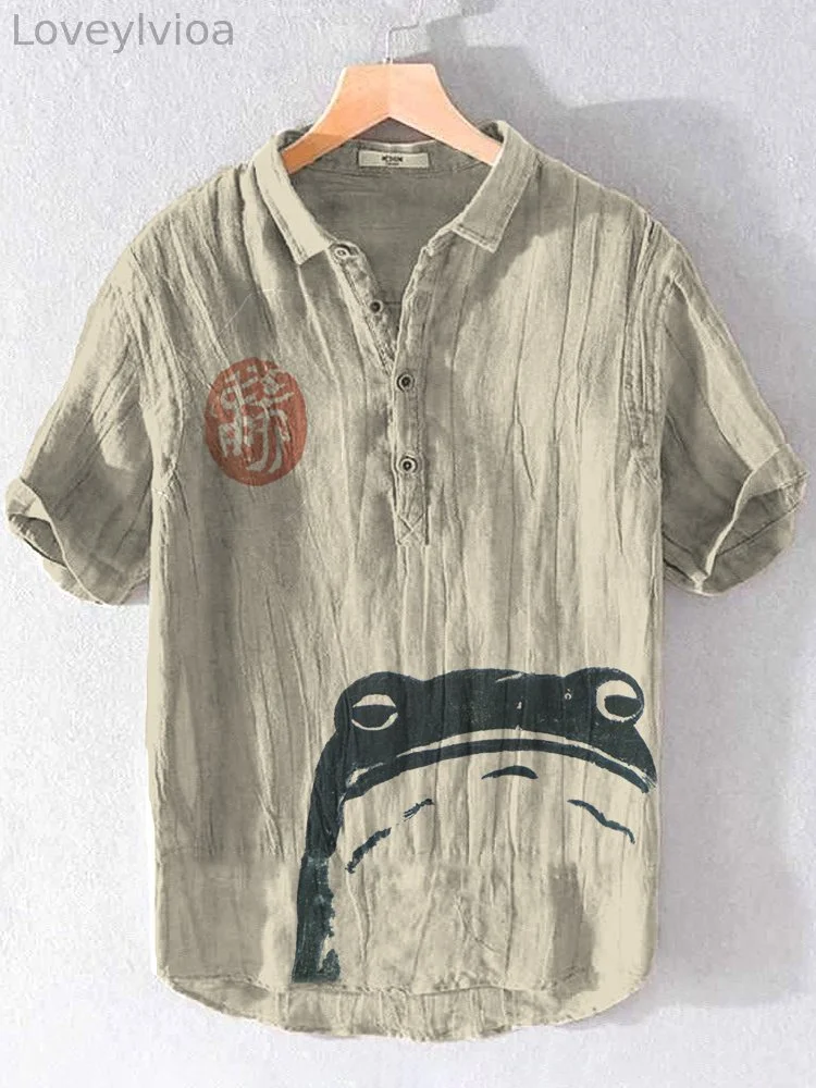 Japanese Art Frog Print Cozy Cotton Linen Lapel Shirt