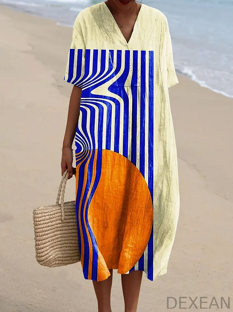 Women's Colorful Geometric Stripes Abstract Art Print Flowy Dress