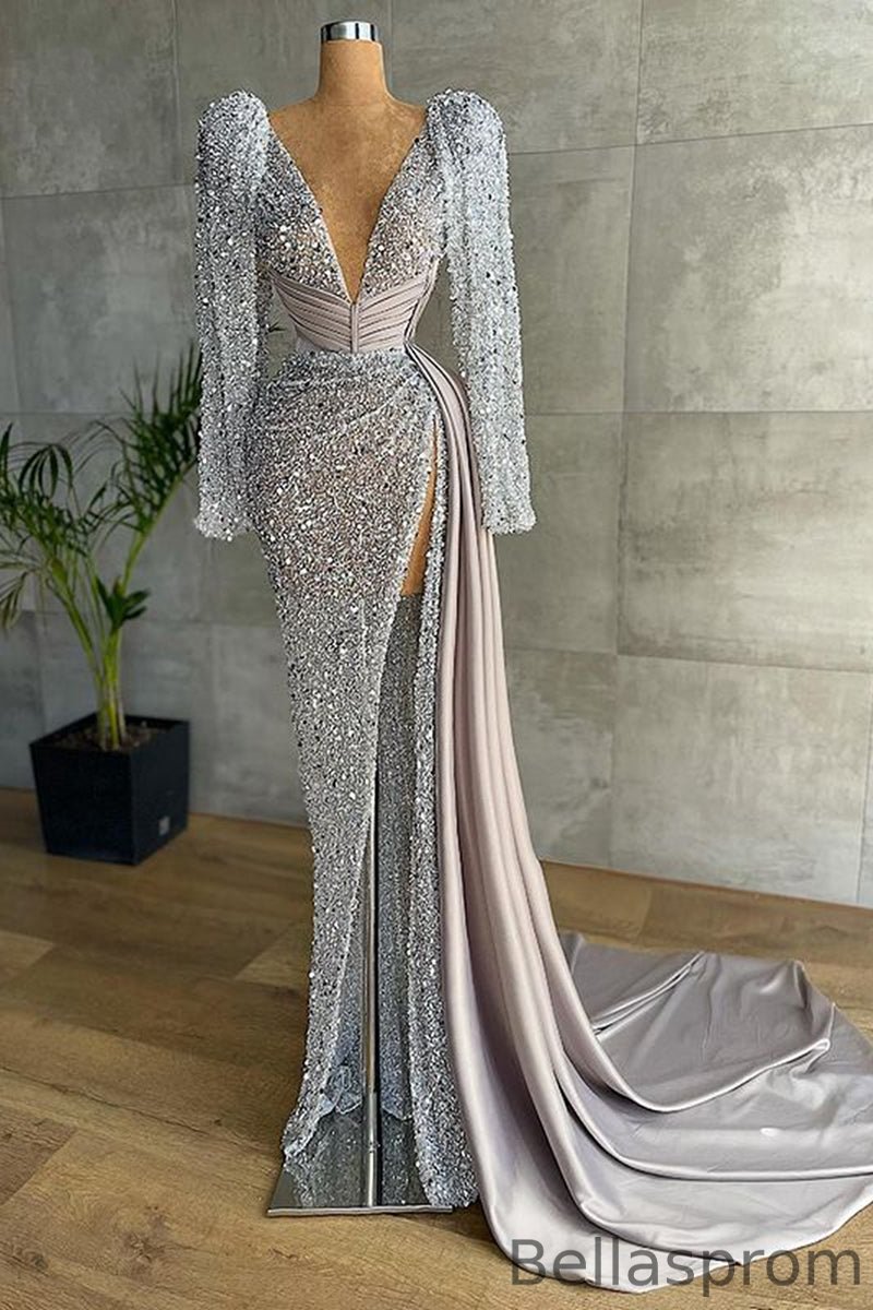Bellasprom V-Neck Long Sleeves Prom Dress Sequins With Slit Bellasprom