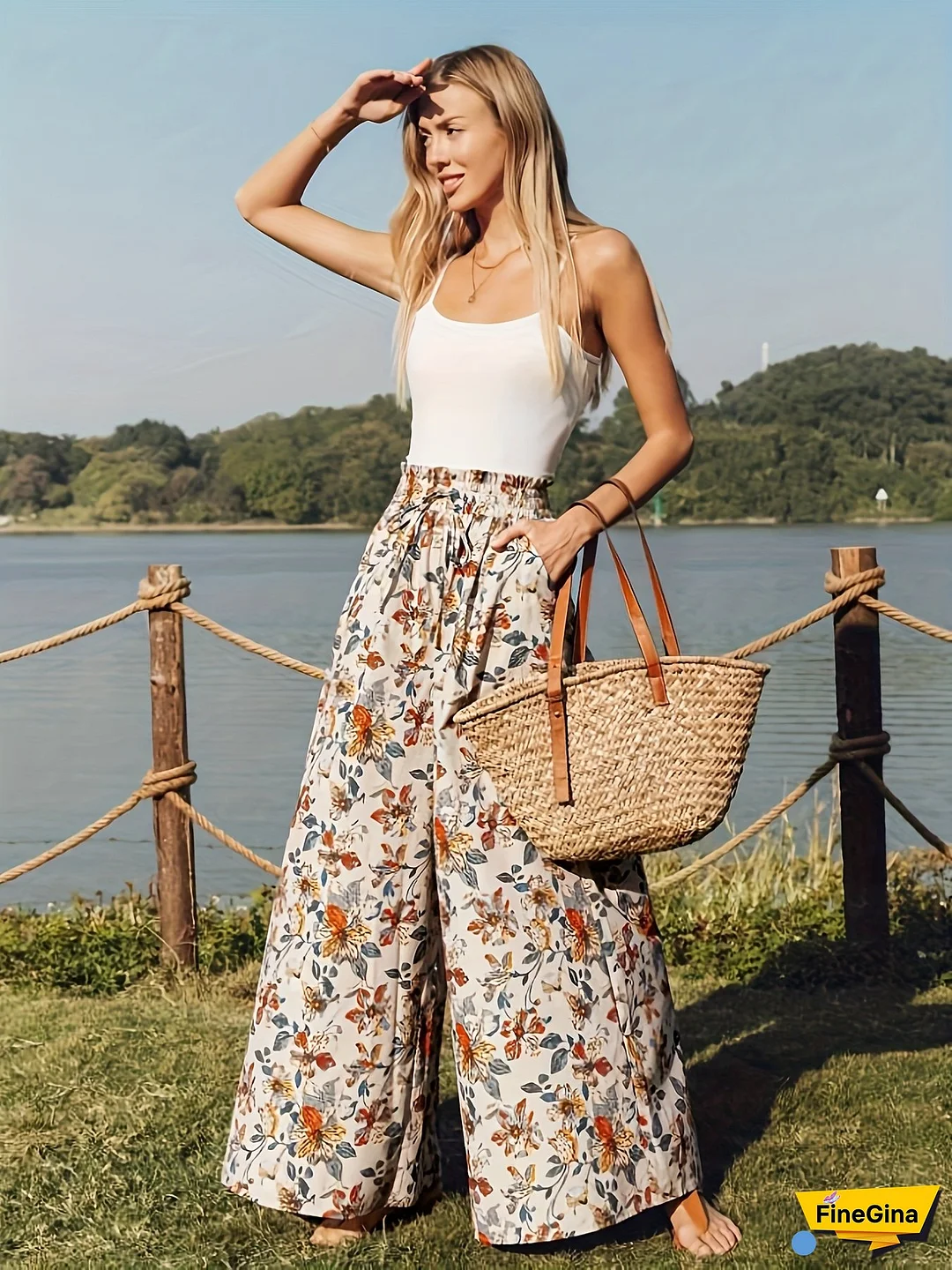 Women's Floral Print Wide-Leg Pants - Elastic Waist with Drawstring, Lightweight Casual Trousers for Spring Summer Fall, Machine Washable Non-Stretch Fabric, Vibrant Orange Green White Brown, Spring Fashion | Comfortable Fit