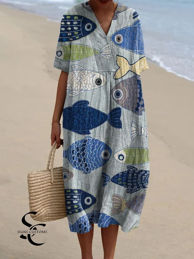 Artistic Fish Print Vintage Women's Flowy Dress