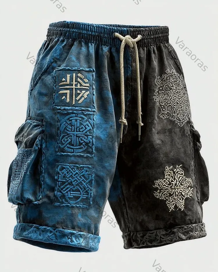 Men's Summer Gradient Viking Compass Embroidered Pocket Shorts 5108