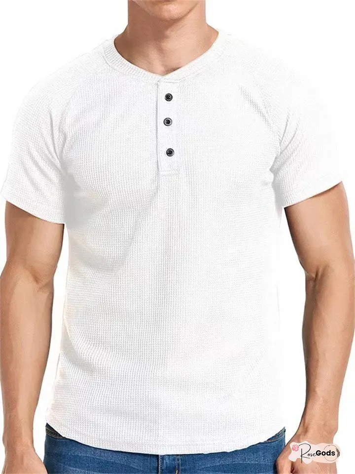 Mens Sports Casual Solid Color Tops Waffle Round-neck Buttons Shoulder Sleeve Short