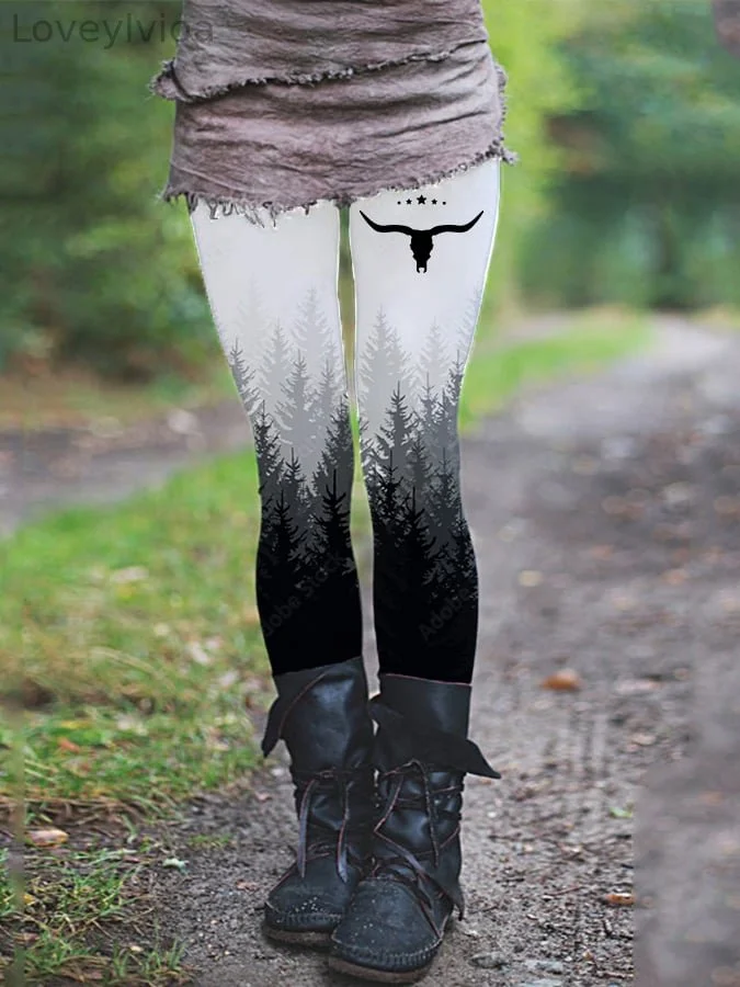 Women's western scenery retro bull head casual leggings