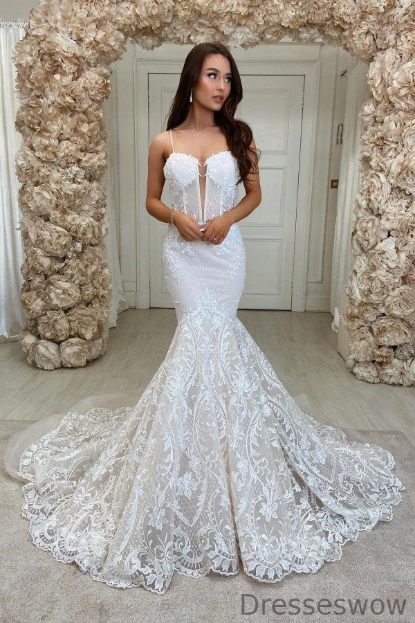 Dresseswow Chic Long Mermaid Sweeteart Spaghetti-Straps Wedding Dress With Lace Backless