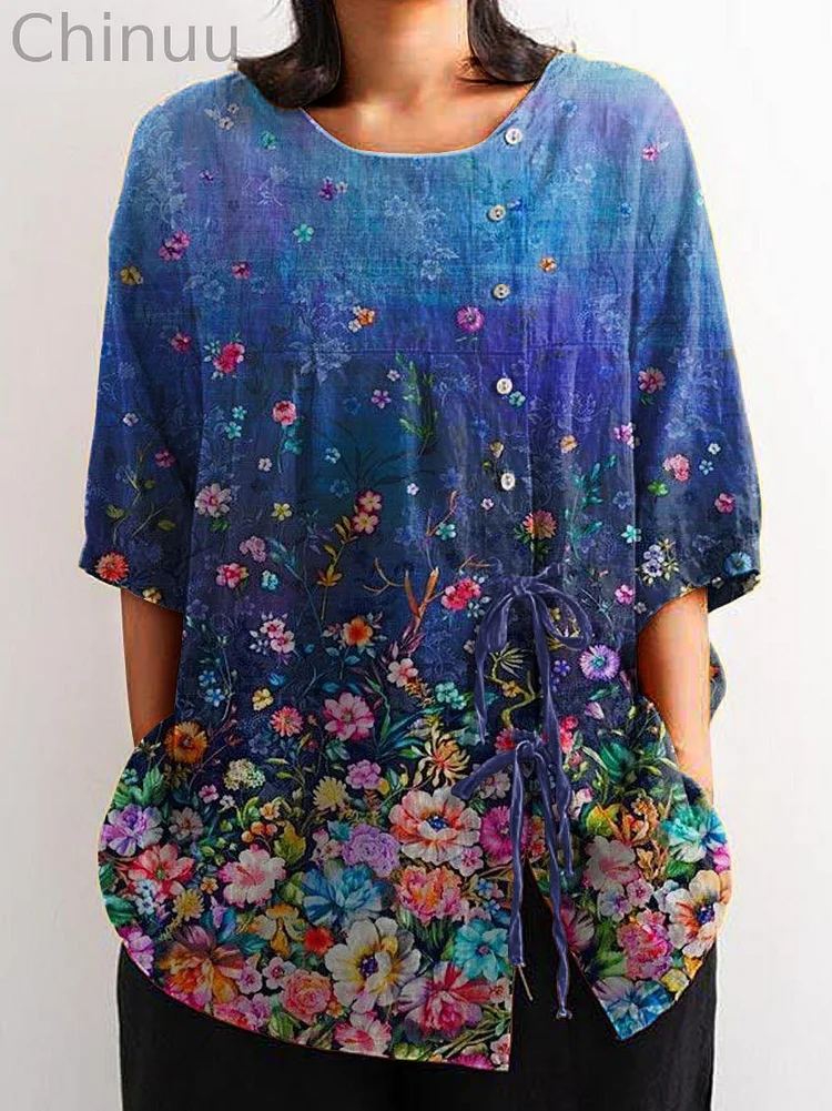 Women's Vintage Floral Art Print Casual Cotton And Linen Shirt