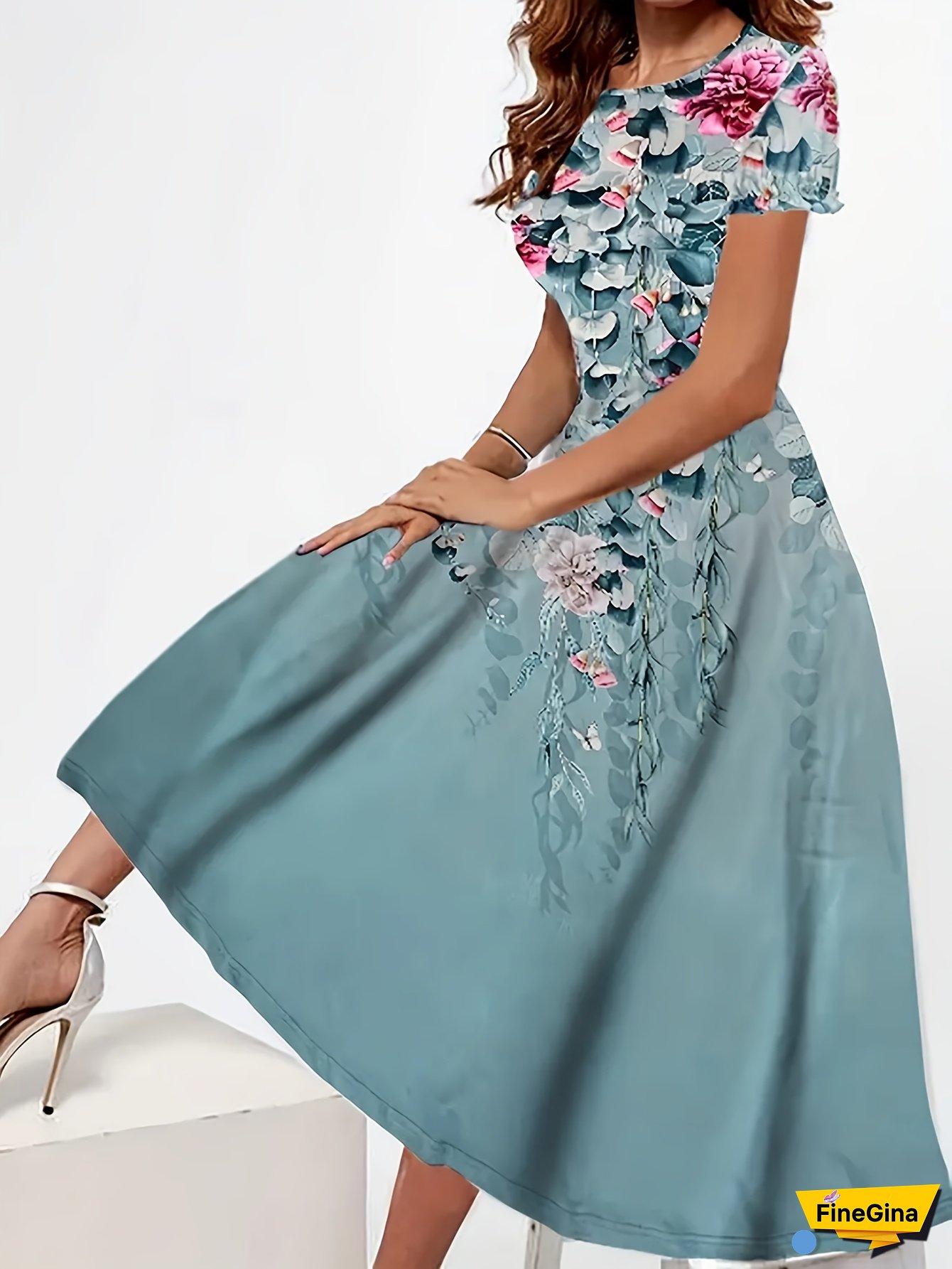 Women's Floral Print A-Line Dress - Short Sleeve Round Neck With Adjustable Drawstring Waist, Lightweight Breathable Fabric For Spring/Summer, Machine Washable Casual To Semi-Formal Wear, Summer Outfits, Medium Elasticity