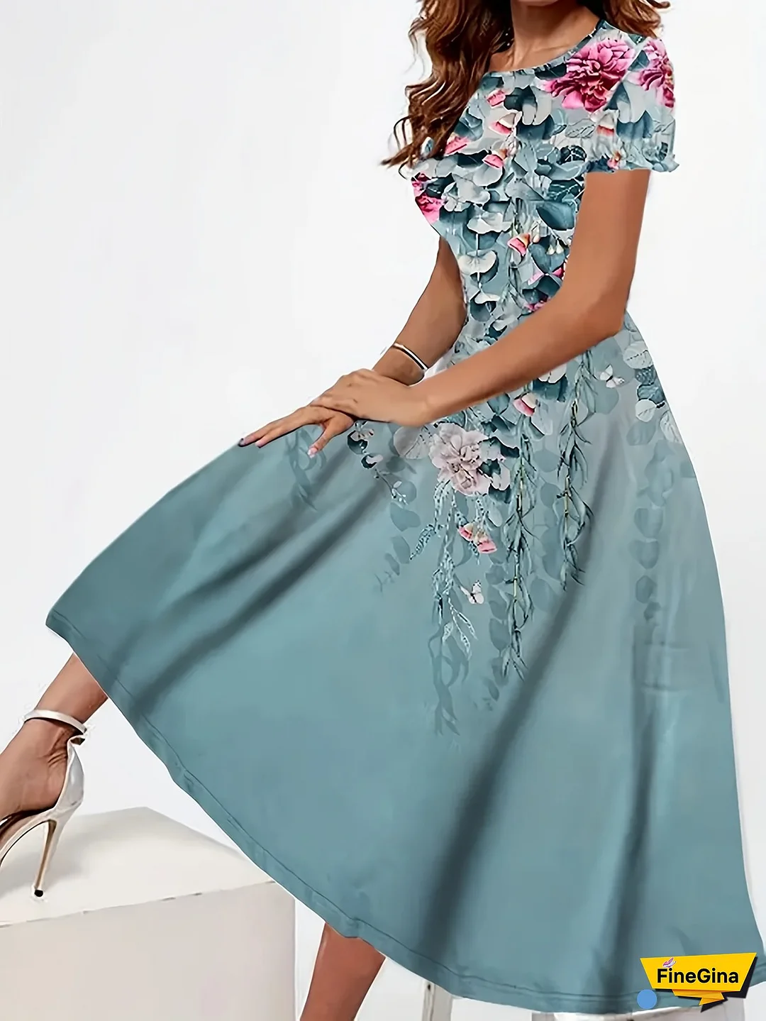 Women's Floral Print A-Line Dress - Short Sleeve Round Neck With Adjustable Drawstring Waist, Lightweight Breathable Fabric For Spring/Summer, Machine Washable Casual To Semi-Formal Wear, Summer Outfits, Medium Elasticity